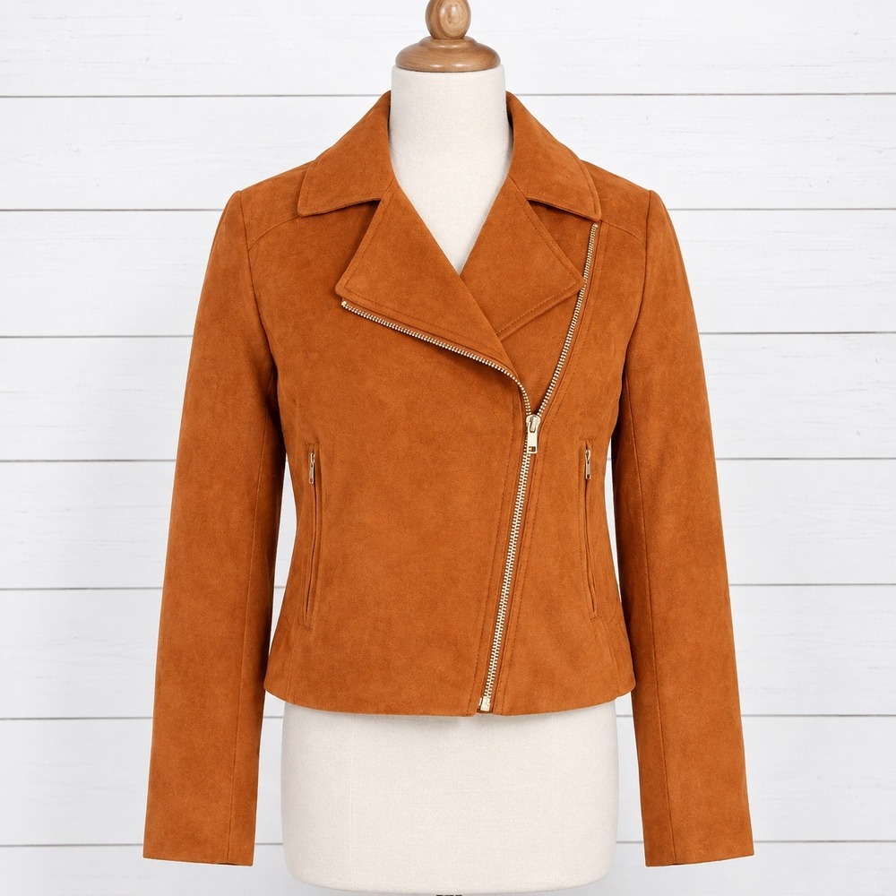 J Crew Faux Suede Moto Jacket Adobe Brown Tan Gold Zipper Soft Fall Small